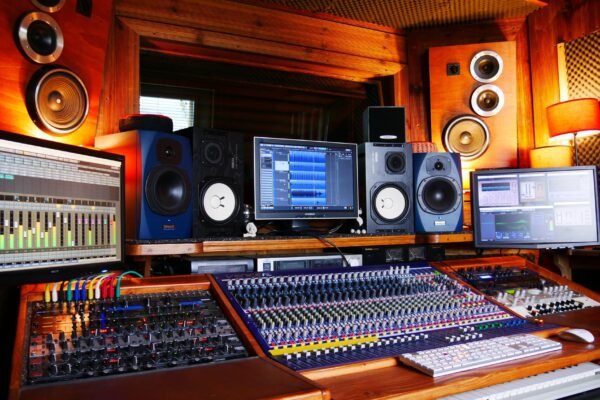 Mesa de mezclas y monitores de estudio en la posición de escucha de un estudio