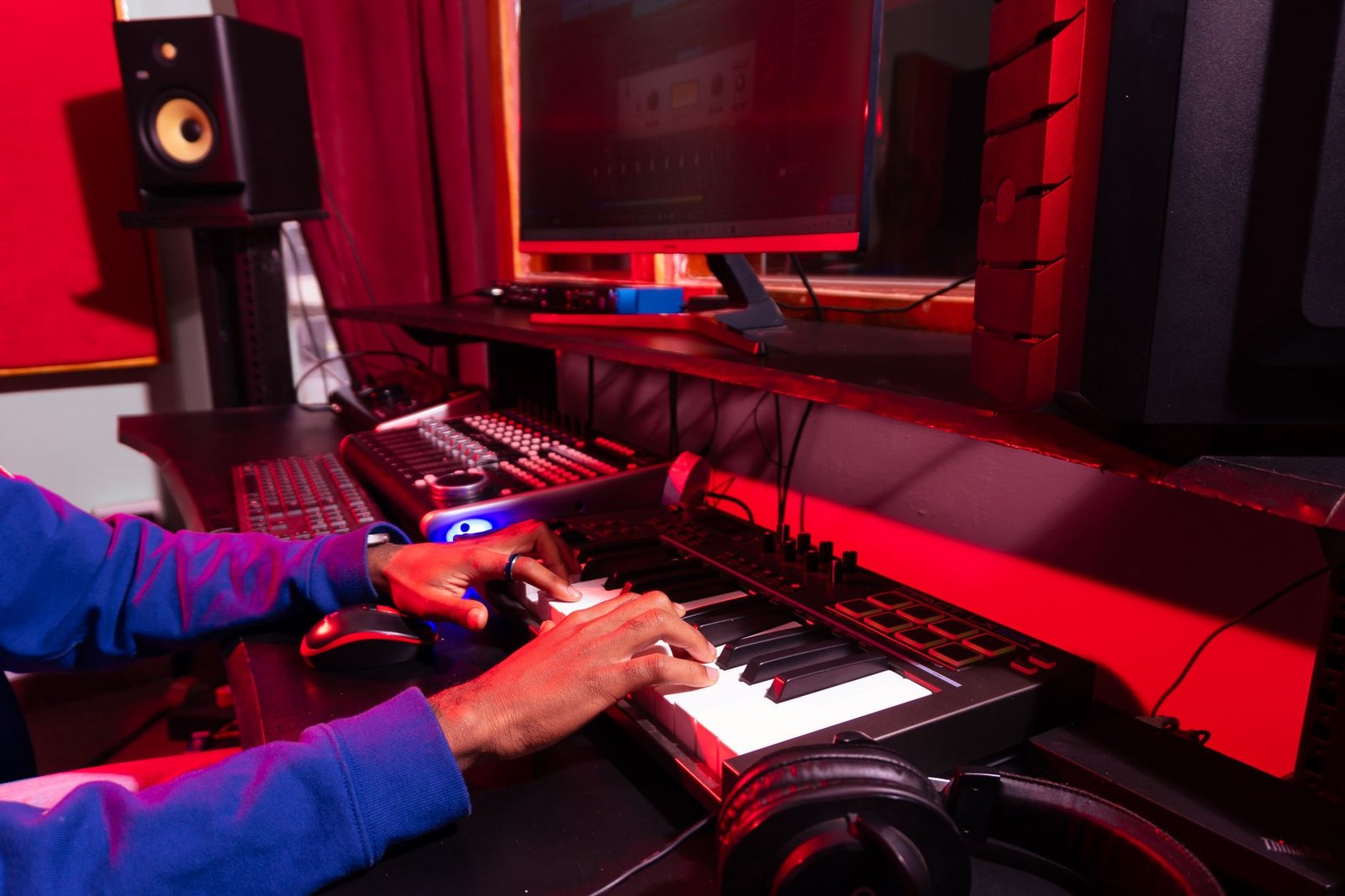 Persona tocando un controlador MIDI conectado a un ordenador con el DAW abierto