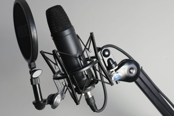 Micrófono de condensador con antipop en un home studio