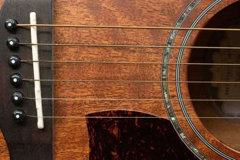 Primer plano de la tapa y las cuerdas de una guitarra acústica mostrando la veta de la madera