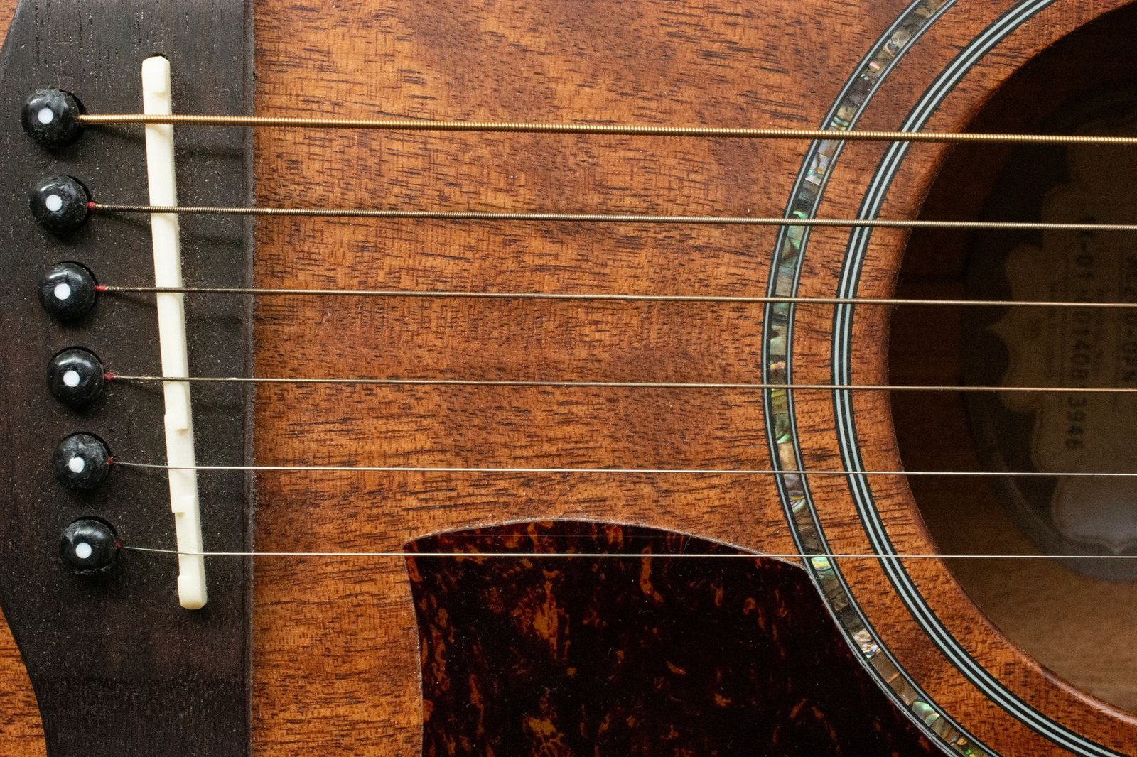 Primer plano de la tapa y las cuerdas de una guitarra acústica mostrando la veta de la madera
