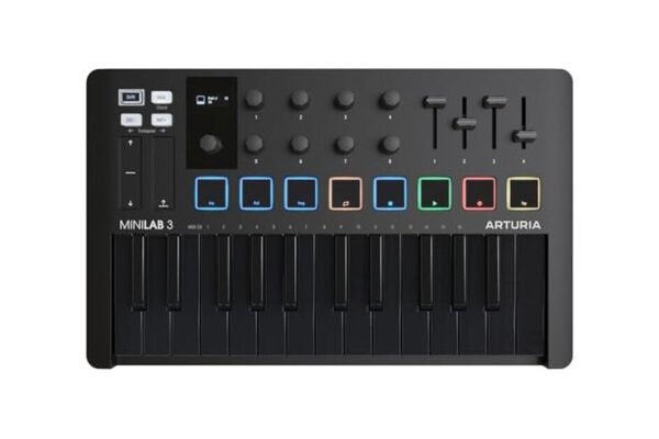 Controlador MIDI Arturia MiniLab 3 visto desde arriba, con faders y pads RGB