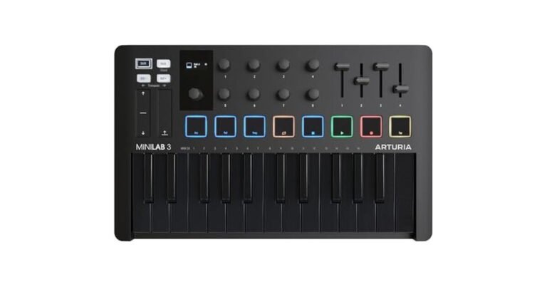 Controlador MIDI Arturia MiniLab 3 visto desde arriba, con faders y pads RGB