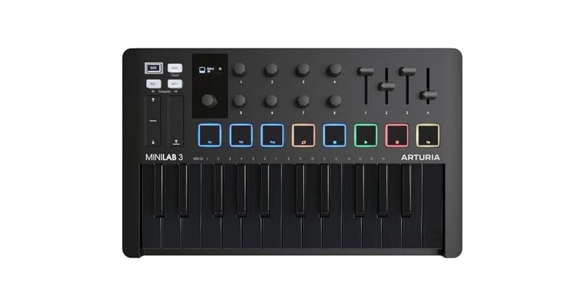 Controlador MIDI Arturia MiniLab 3 visto desde arriba, con faders y pads RGB